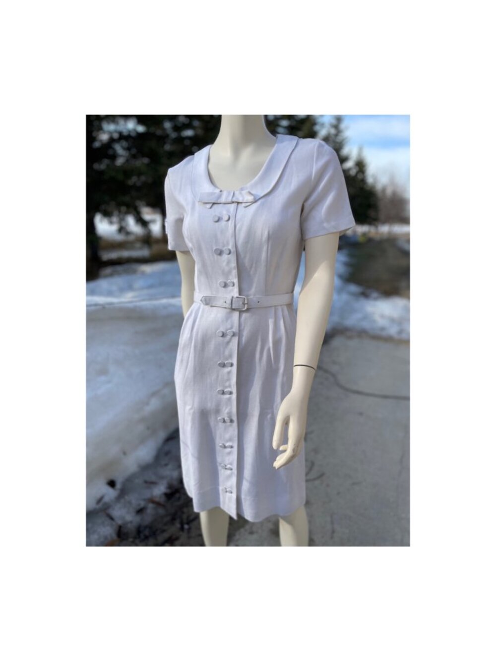 50s White Irish Linen Shirt Dress Shift Belted Button-Up Union Made Sz 12